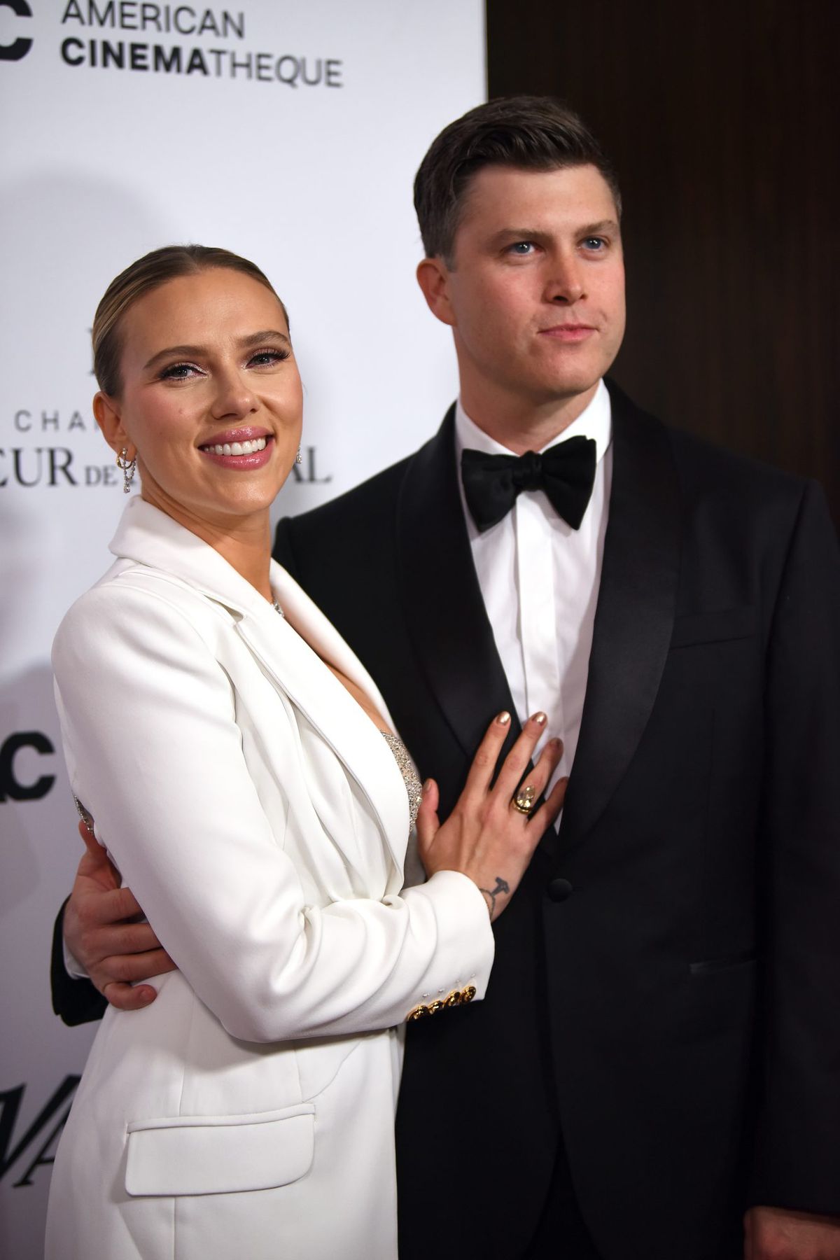Scarlett Johansson Wore a Bedazzled Bustier for a Rare Appearance With Colin Jost