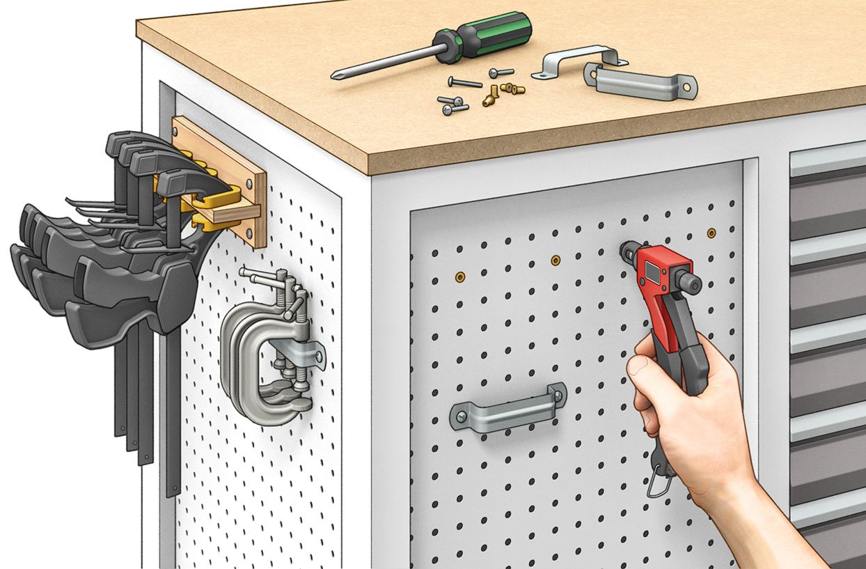 Rivets being installed on a pegboard