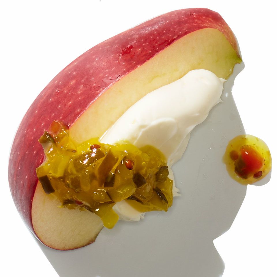 Apple slice with cream cheese and sweet pickle relish
