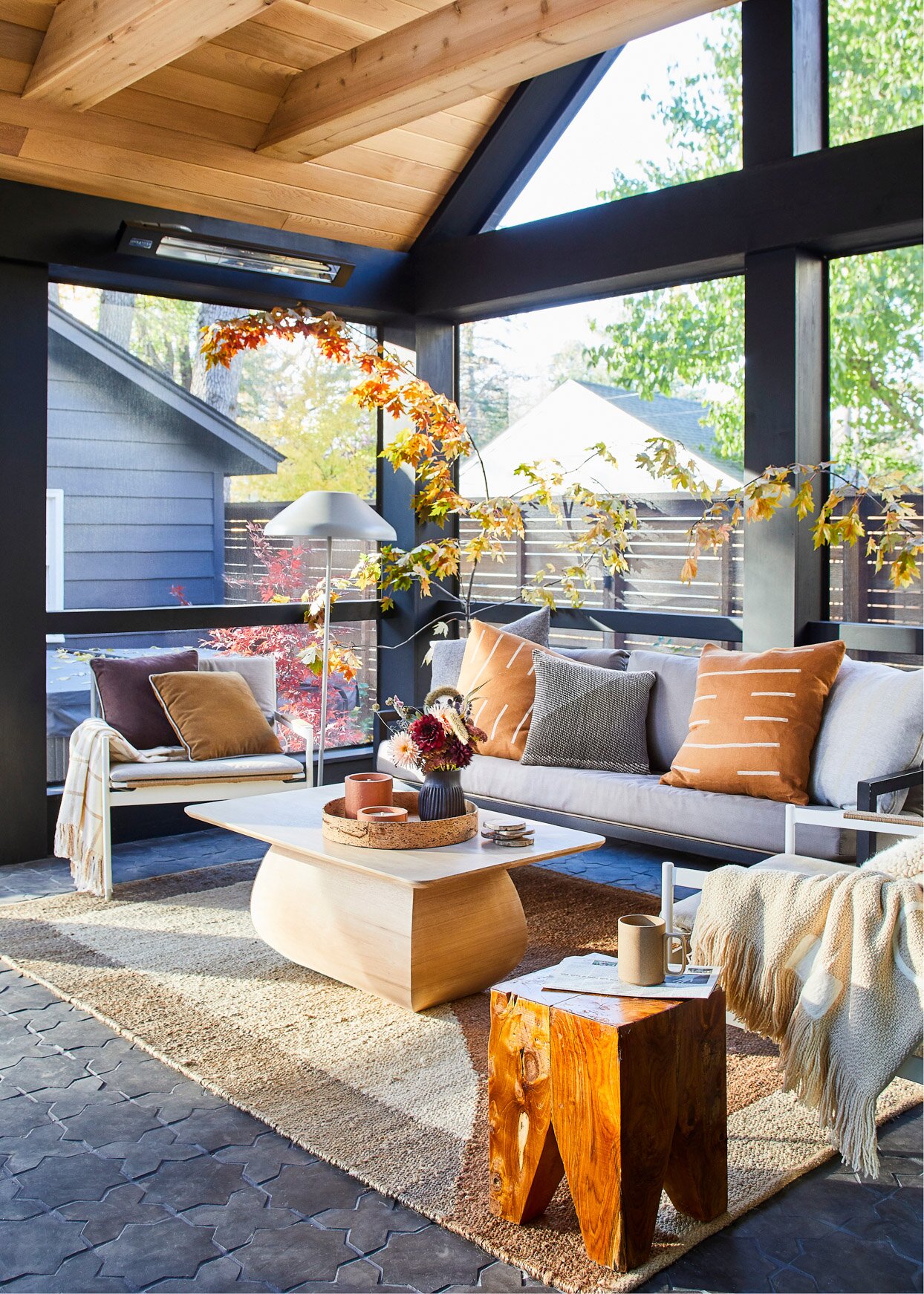 sunroom with large glass windows and seating