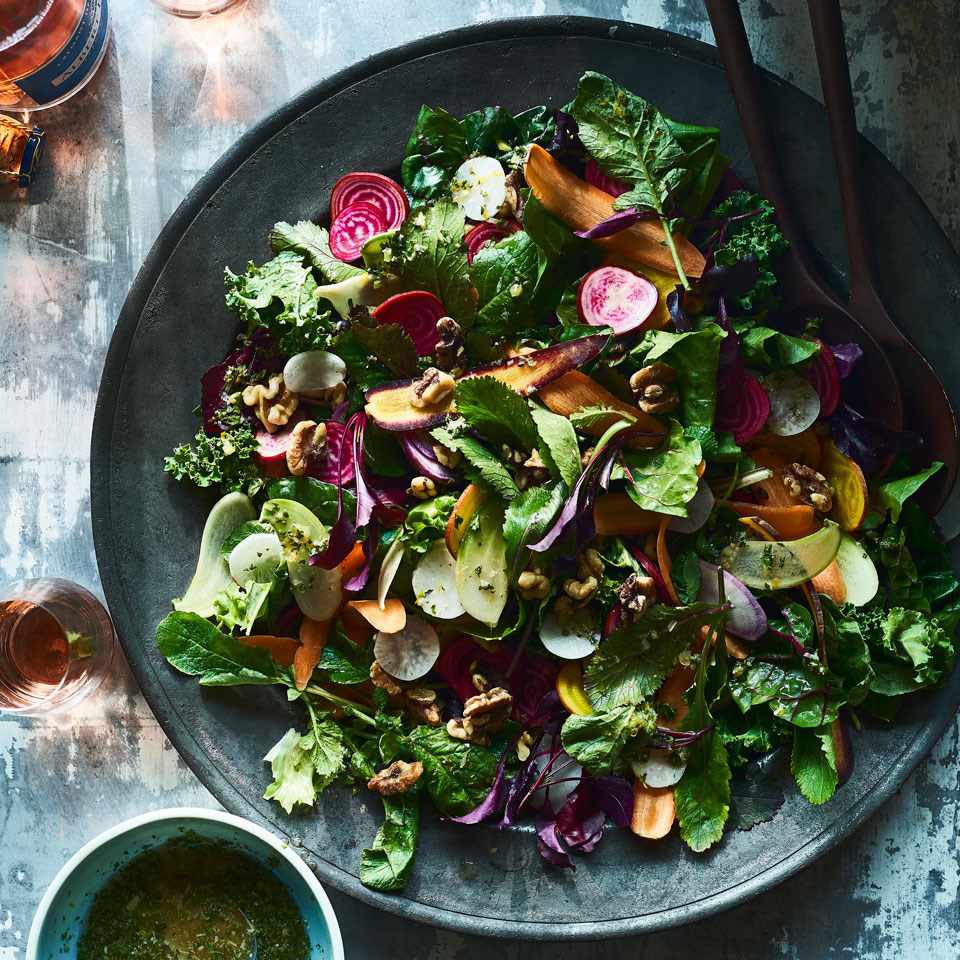 Greens & Roots Salad with Citrus-Walnut Vinaigrette