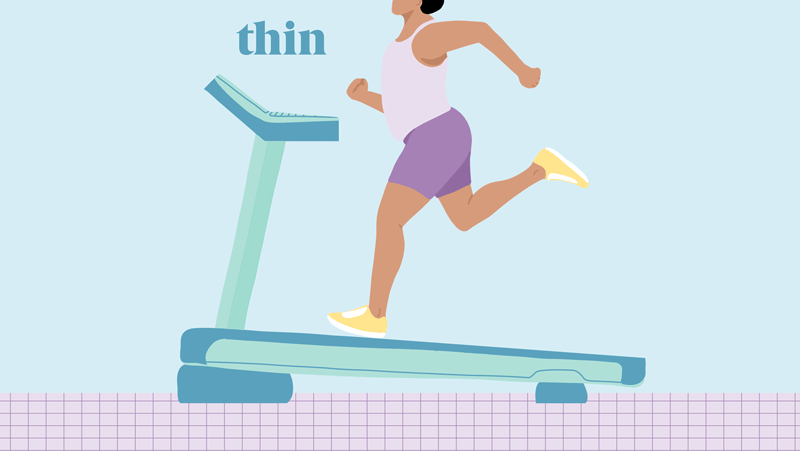 animation of woman running on treadmill and words flashing around her
