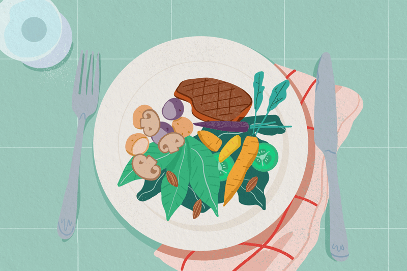 How to eat like a climatarian - animation of dinner plate with more plant-based foods, less beef