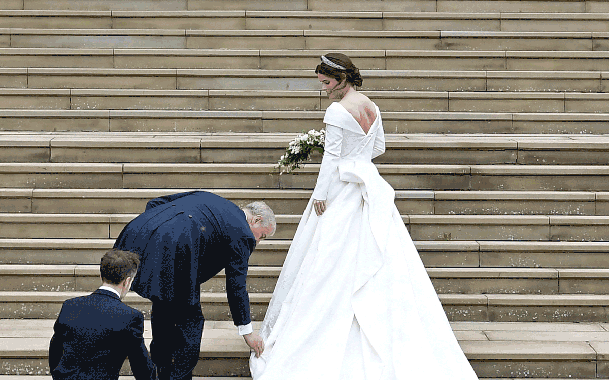 Princess Eugenie in her wedding dress, with her father Prince Andrew.