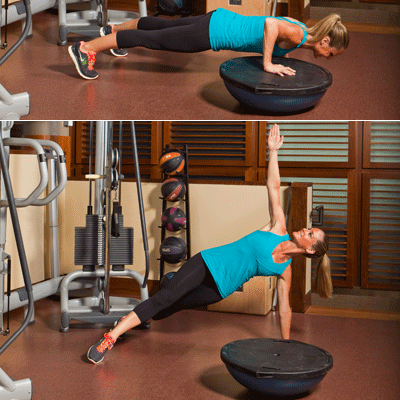 At the Gym: BOSU Split Pushups to Side Plank