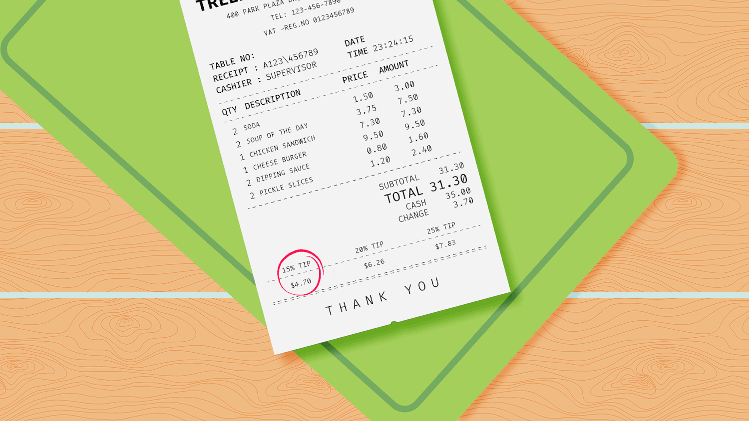 Restaurant receipt with circles over different tip percentages