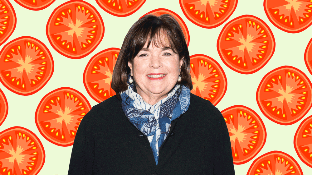Ina garten on a designed background with rotating tomatoes