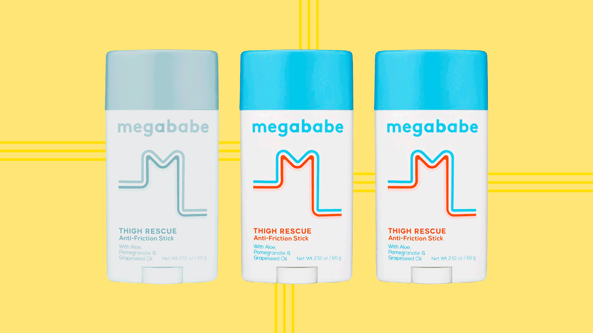 3 sticks of Megababe Thigh Rescue on a designed background