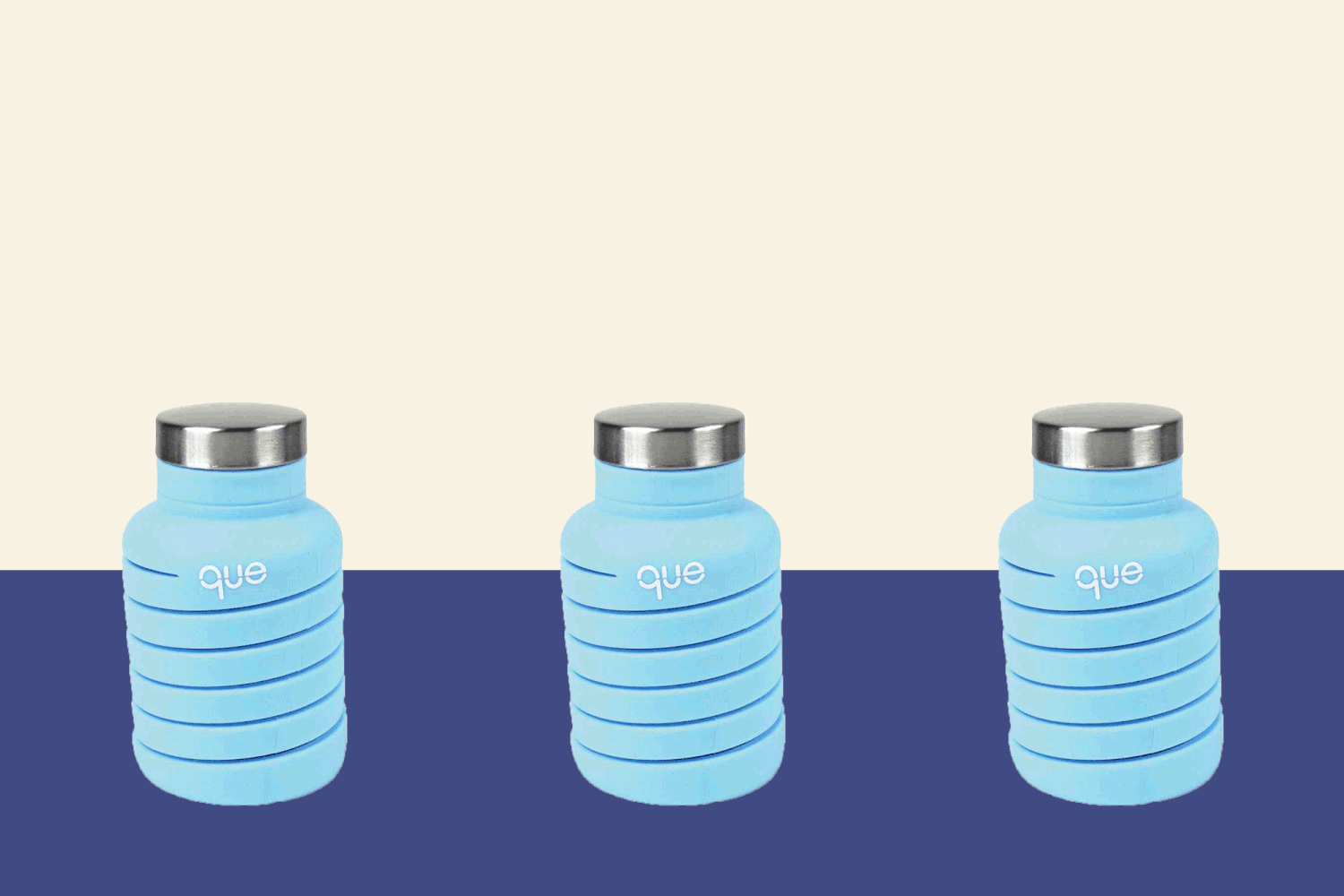 3 Que The Collapsible Bottle on a designed background