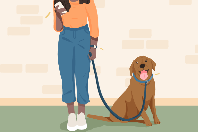 woman with dog on leash and using pet technology