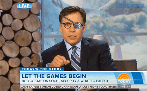Feb. 7?23: Bob Costas prompts plenty of jokes when he broadcasts from the Sochi Olympics with a raging case of pink eye
