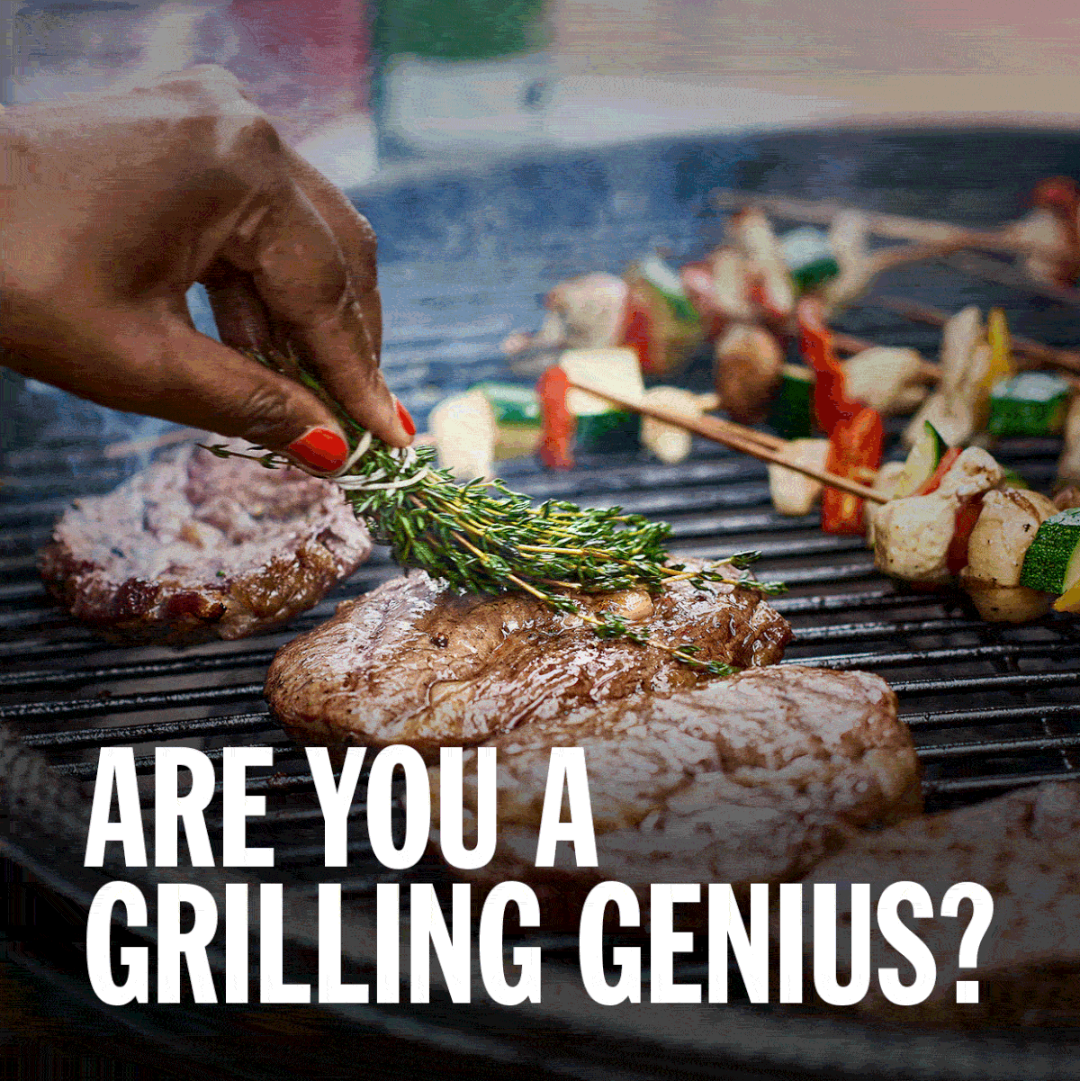 Woman's hand garnishing meat on a grill