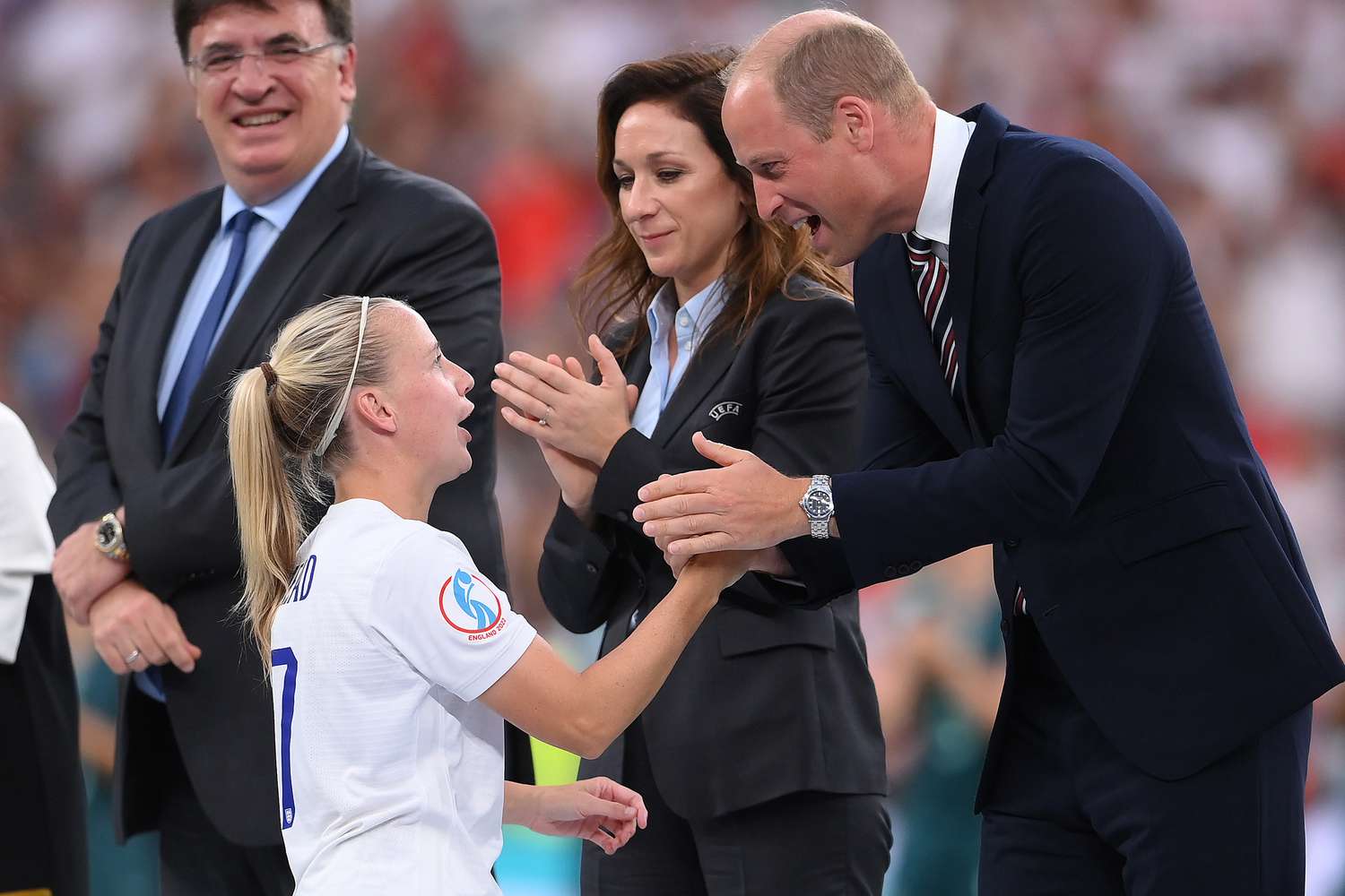 Beth Mead of England shakes hands with Prince William, Duke of Cambridge following the UEFA Women's Euro 2022 final match between England and Germany at Wembley Stadium on July 31, 2022 in London, England.