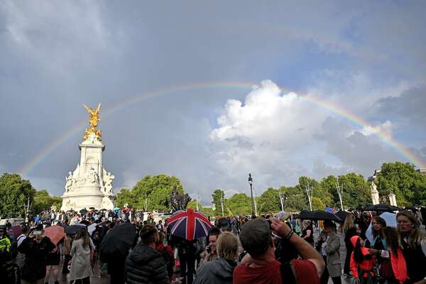A rainbow fills the sky outside of Buckingham Palace on September 08, 2022 in London, England. Buckingham Palace issued a statement earlier today saying that Queen Elizabeth was placed under medical supervision due to concerns about her health.