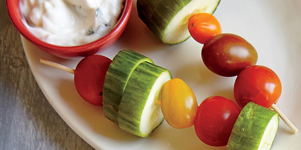 Cucumber-Tomato Skewers with Dilly Sauce Recipe | MyRecipes