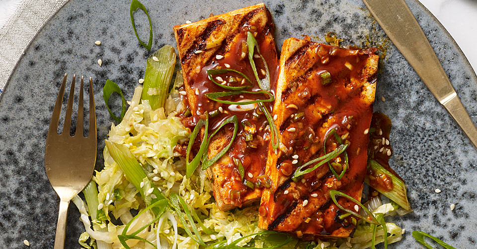 Grilled Tofu with Korean BBQ Glaze & Stir-Fried Napa Cabbage Recipe ...