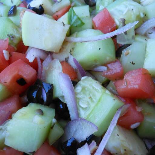 Cucumber Tomato Salad with Zucchini and Black Olives in Lemon Balsamic ...