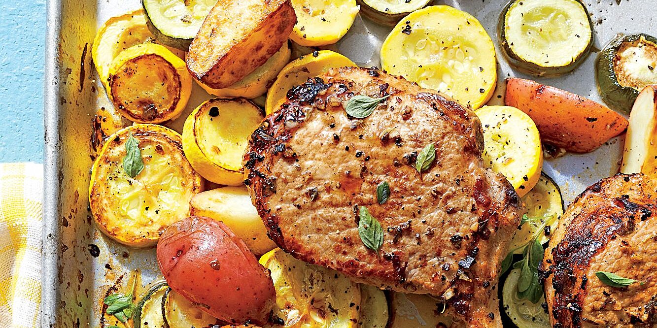 Greek Pork Chops with Squash and Potatoes Recipe | MyRecipes