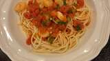 Angel-hair pasta with prawns, tomatoes and basil