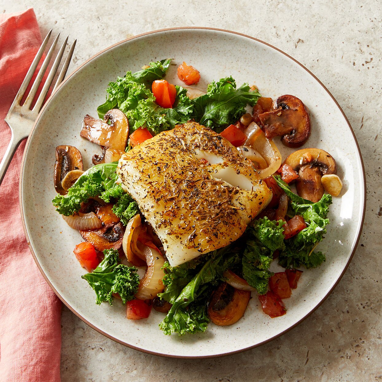 Herby Mediterranean Fish With Wilted Greens And Mushrooms Recipe Eatingwell