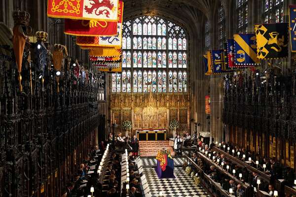 The coffin of Queen Elizabeth II during the Committal Service for Queen Elizabeth II at St George's Chapel, Windsor Castle on September 19, 2022 in Windsor, England. The committal service at St George's Chapel, Windsor Castle, took place following the state funeral at Westminster Abbey. A private burial in The King George VI Memorial Chapel followed. Queen Elizabeth II died at Balmoral Castle in Scotland on September 8, 2022, and is succeeded by her eldest son, King Charles III.