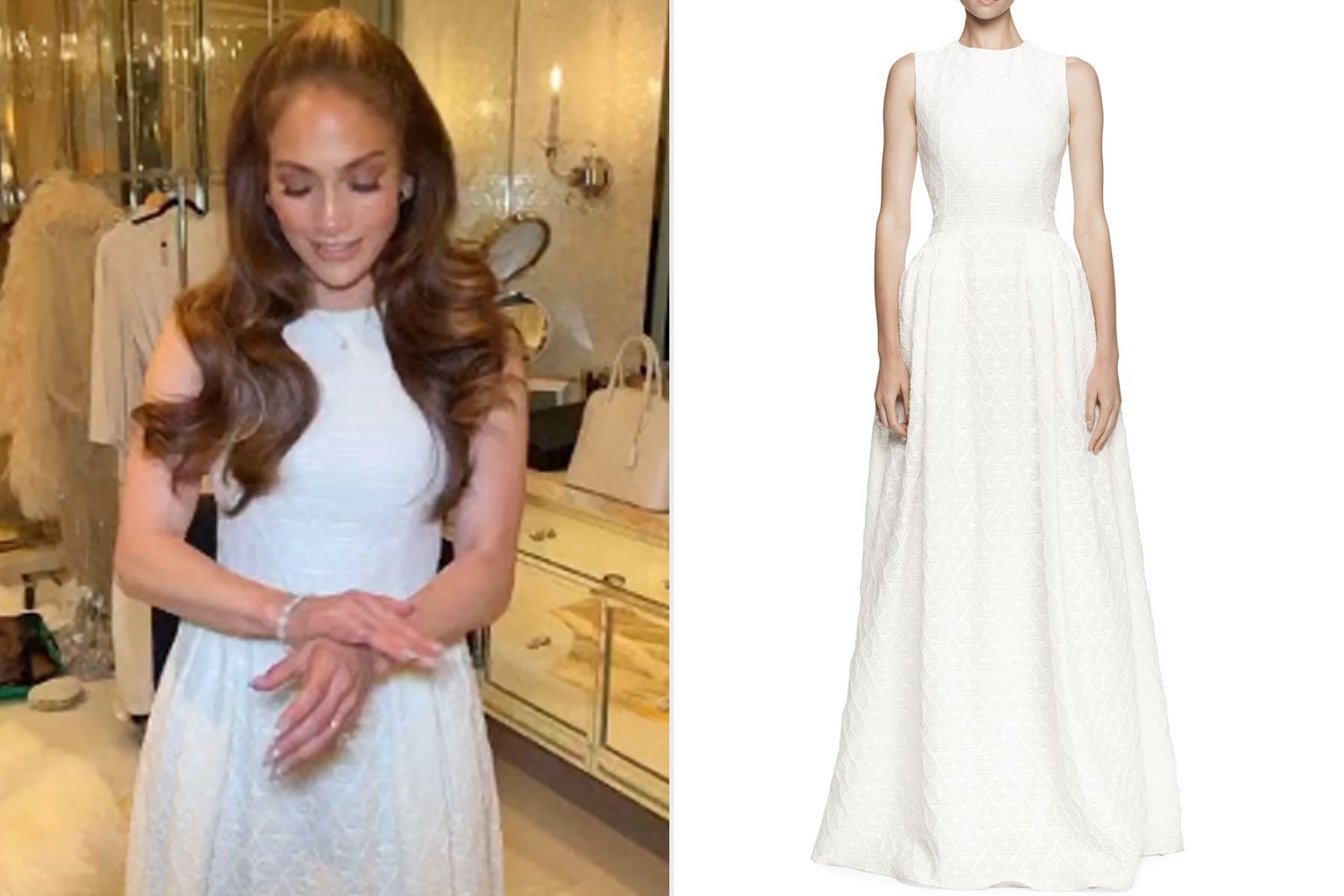 Jennifer Lopez's Sleeveless Wedding Dress She Saved 'for So Many Years' Is Alexander McQueen; https://www.bergdorfgoodman.com/p/alexander-mcqueen-floral-jacquard-full-skirt-gown-prod103780205