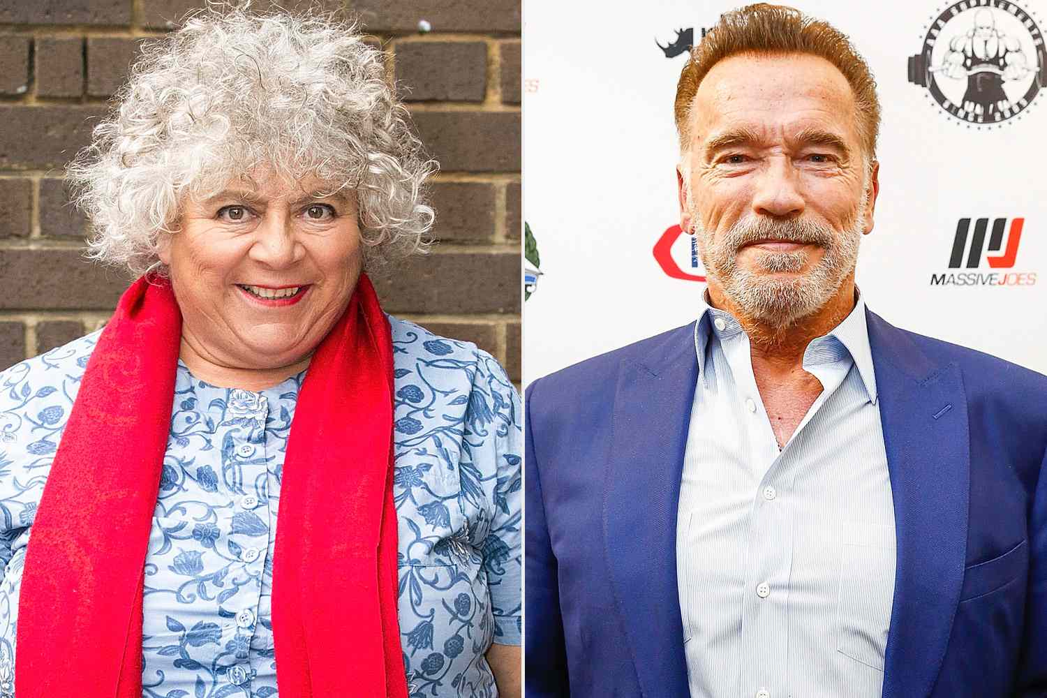 Miriam Margolyes is seen on September 03, 2013 in London, United Kingdom. (Photo by Simon Earl/Bauer-Griffin/GC Images); Arnold Schwarzenegger speaks during a press conference on March 15, 2019 in Melbourne, Australia. (Photo by Sam Tabone/WireImage)
