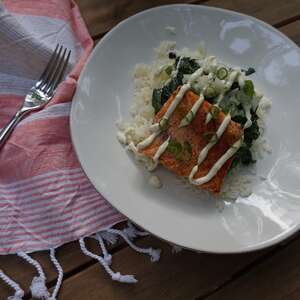 Pan-Seared Salmon with Wasabi Dressing and Bok Choy