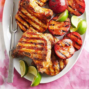 Pork Chops with Curried Plum Glaze and Grilled Plums