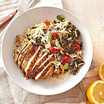 Greek Oregano Chicken with Spinach, Orzo and Grape Tomatoes