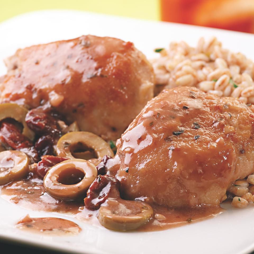 Chicken Thighs with Green Olive, Cherry & Port Sauce