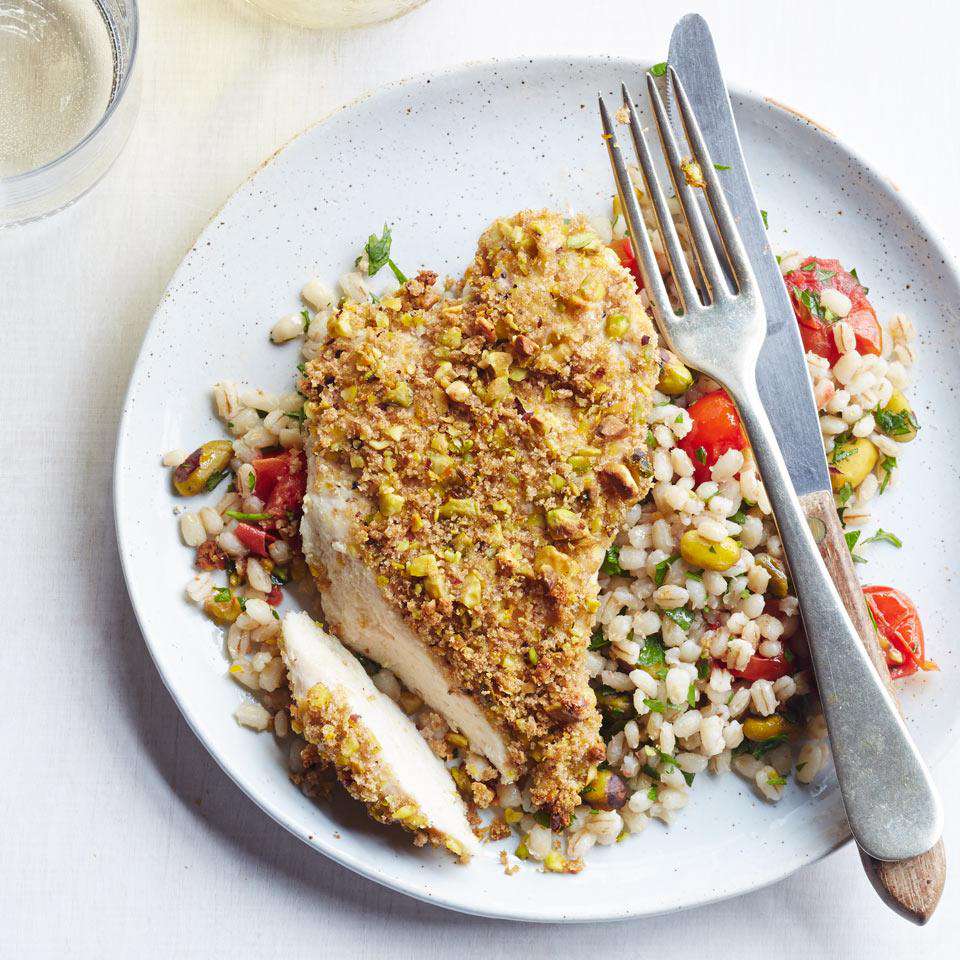 Pistachio-Crusted Chicken with Warm Barley Salad