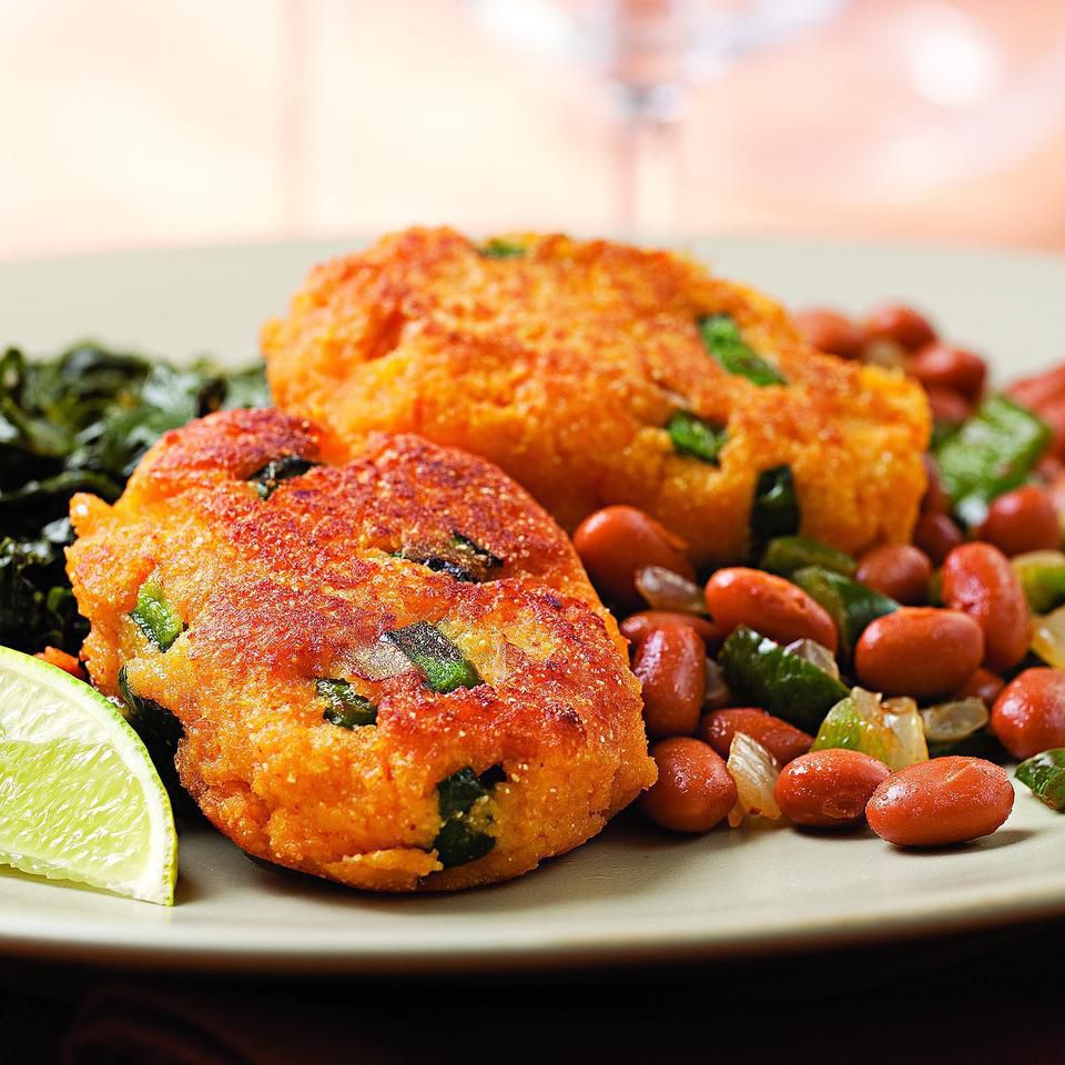 Sweet Potato Fritters with Smoky Pinto Beans