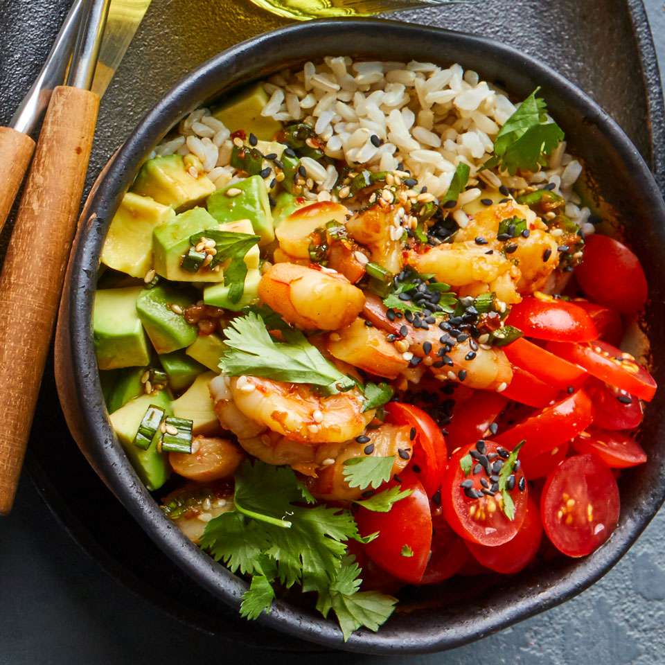 Brown Rice Shrimp Bowl with Tomatoes & Avocado