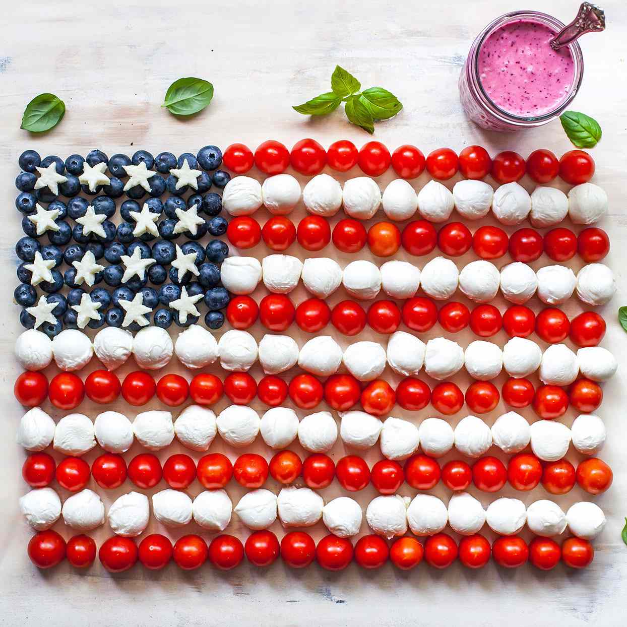 American Flag Caprese Salad with Blueberry-Balsamic Vinaigrette