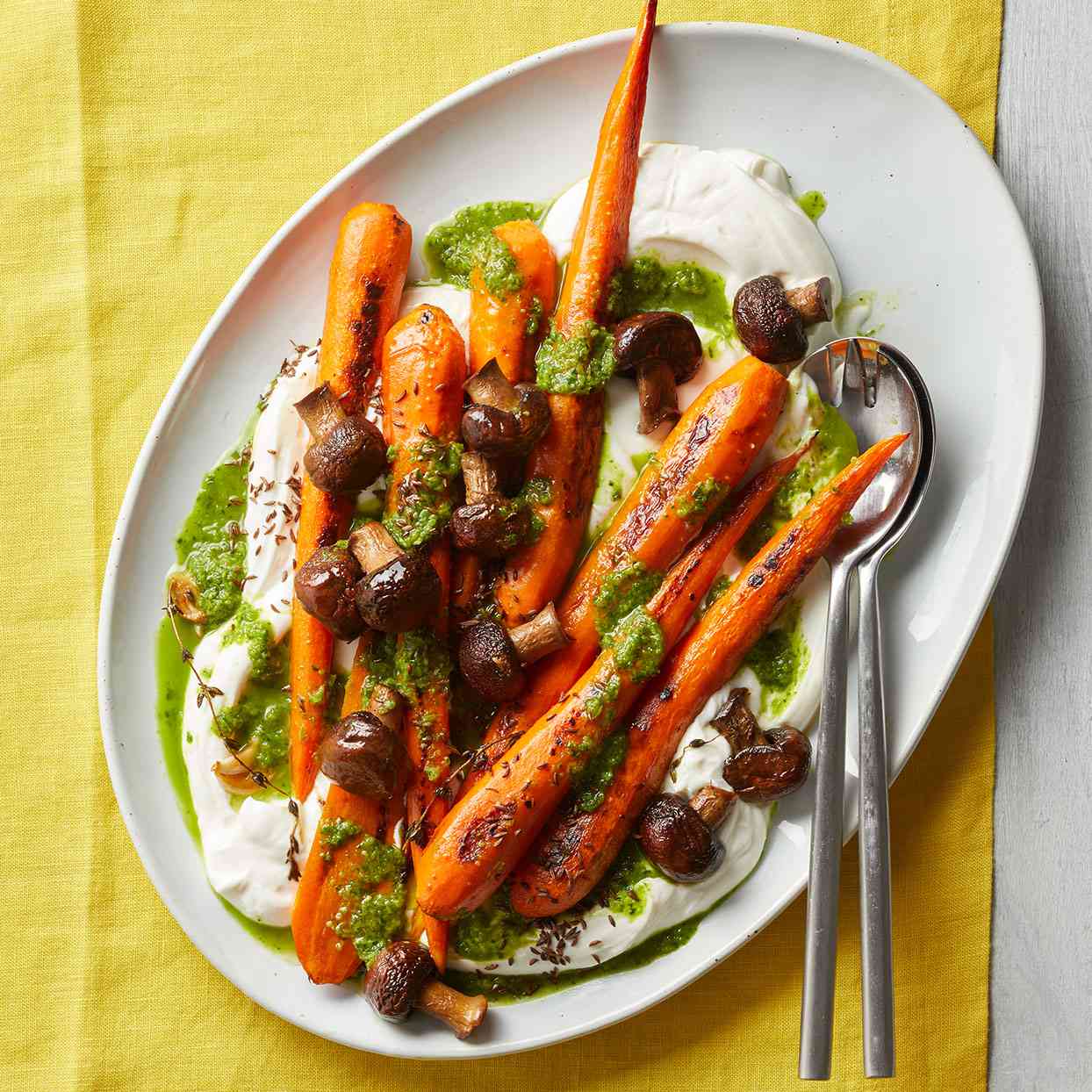Roasted Carrots & Mushrooms with Scallion Salsa Verde