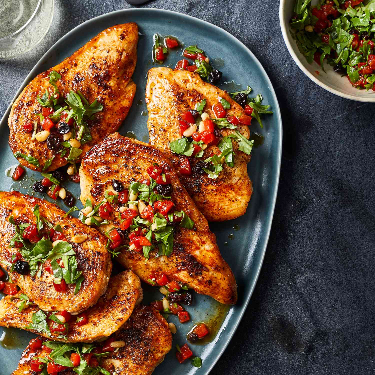 Chicken Cutlets with Roasted Red Pepper & Arugula Relish