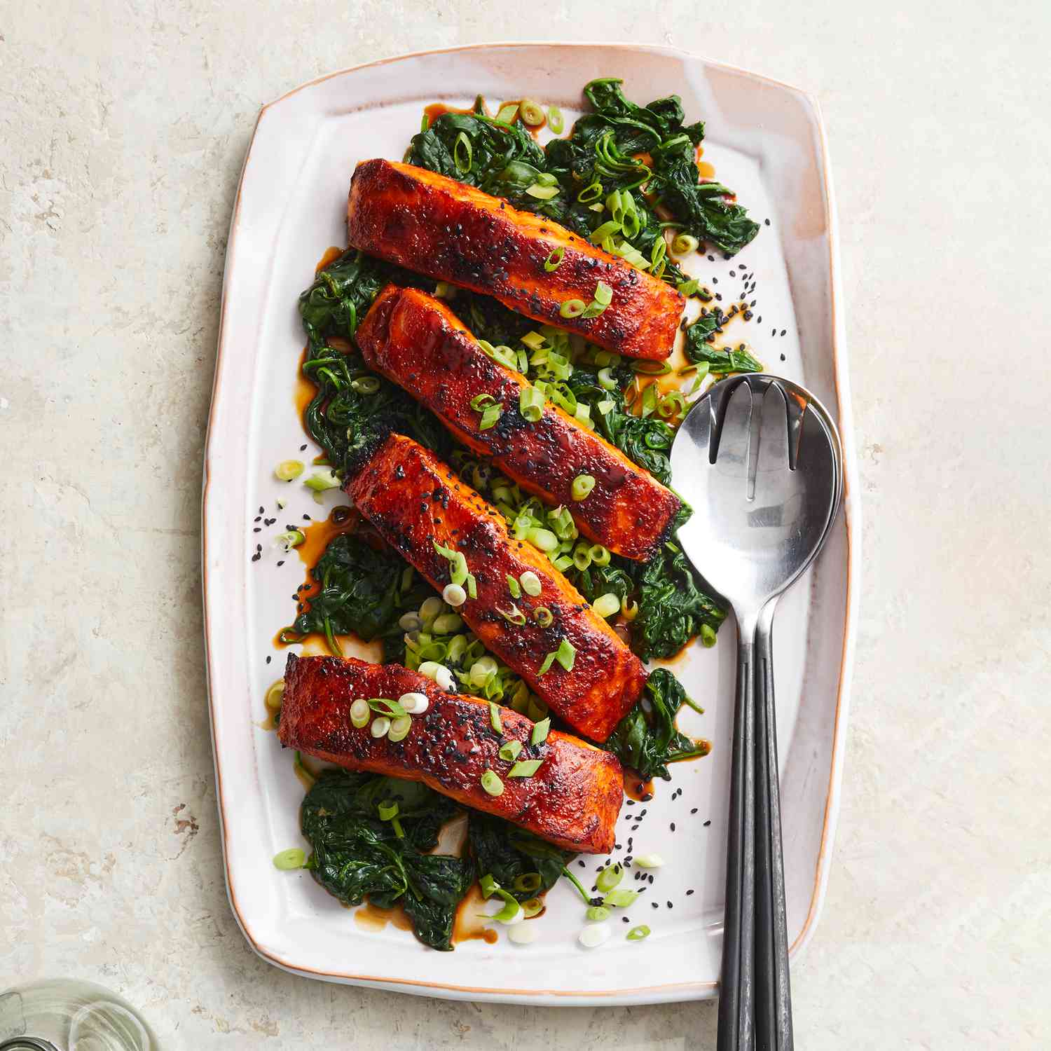 Gochujang-Glazed Salmon with Garlic Spinach
