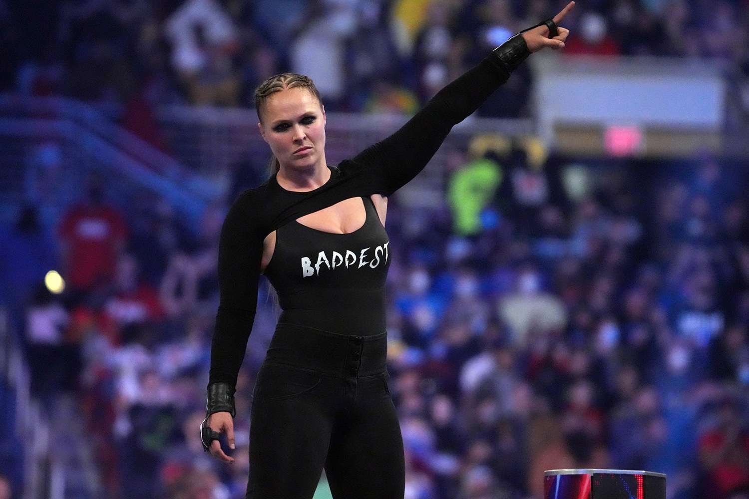 Ronda Rousey celebrates after winning the women’s Royal Rumble match during the Royal Rumble at The Dome at America's Center
