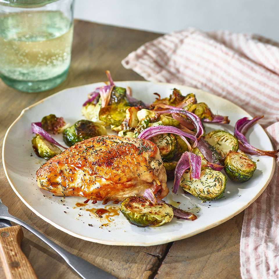Salt & Vinegar Sheet-Pan Chicken & Brussels Sprouts Recipe | EatingWell