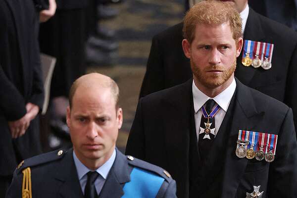 Members of the royal family seen walking behind the coffin of Queen Elizabeth II