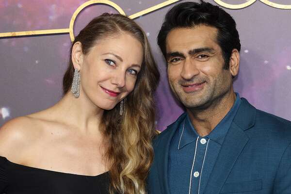 Emily V Gordon and Kumail Nanjiani attends the "Eternals" UK Premiere at the BFI IMAX Waterloo on October 27, 2021 in London, England.