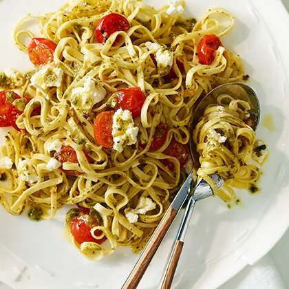 Linguine & Pesto, Cherry Tomatoes & Ricotta Cheese Recipe | MyRecipes