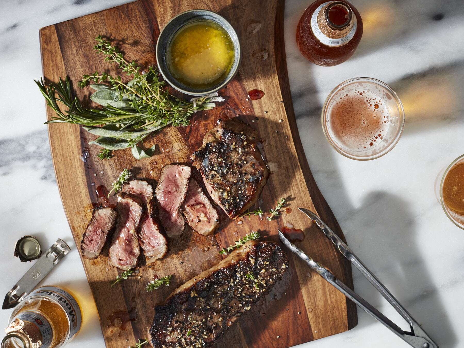 New York Strip and Shrimp Grilled on a Salt Block 