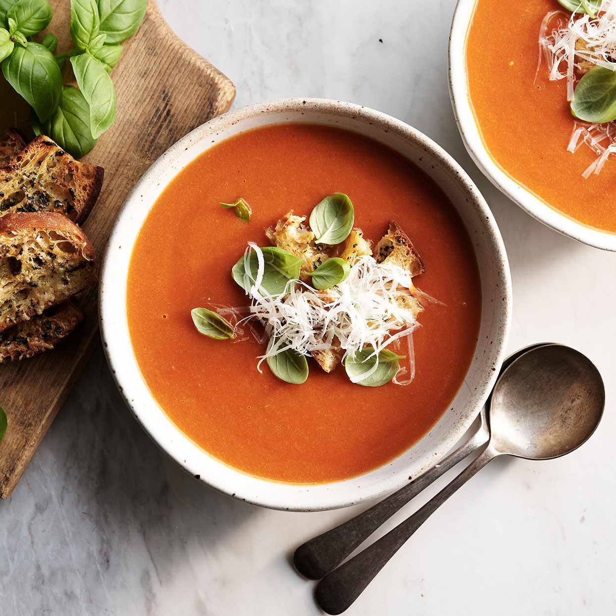 Tomato-Basil Soup with Herbed Focaccia Croutons Recipe | EatingWell