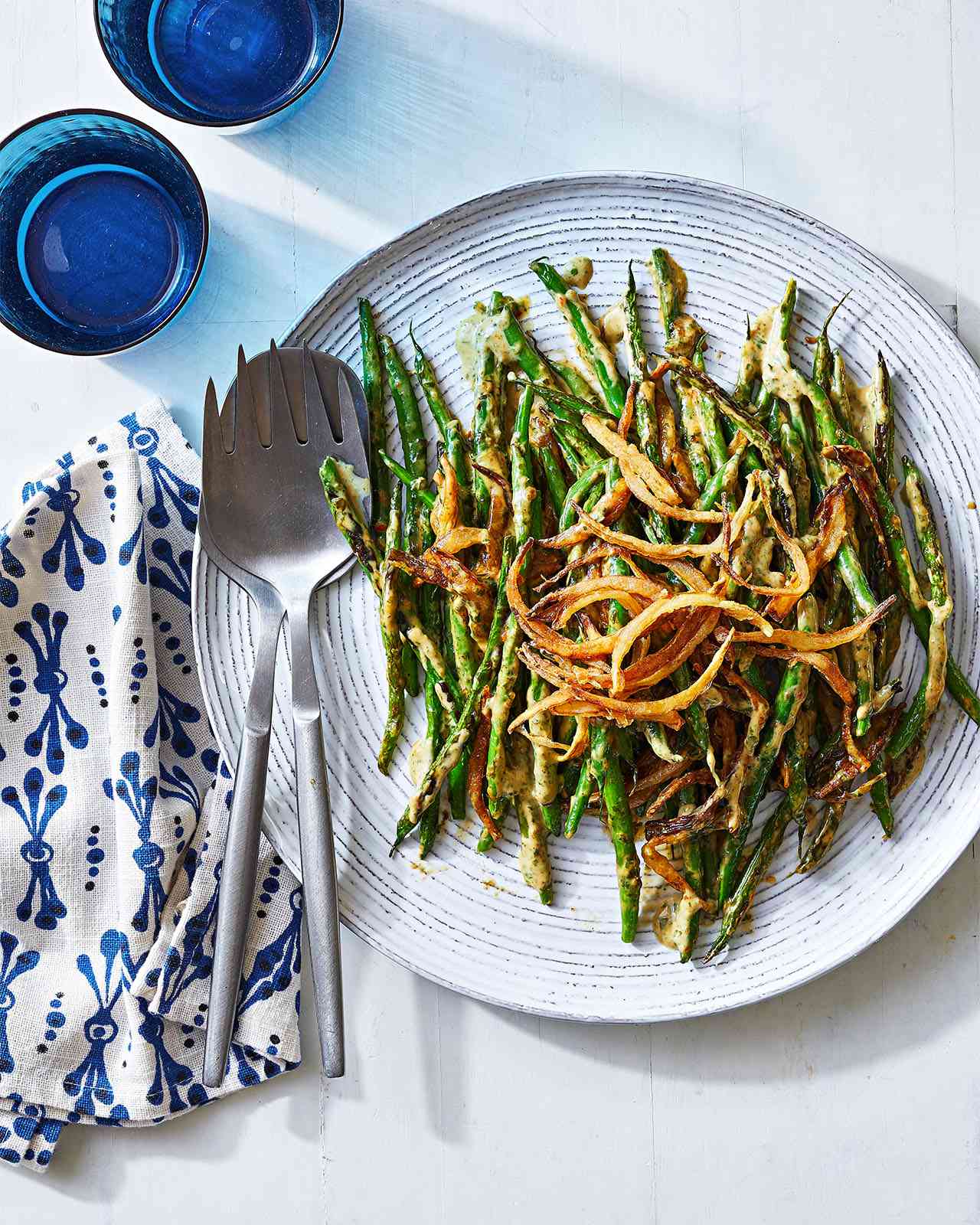 Blistered Green Beans with Fried Onions and Basil-Mushroom Cream