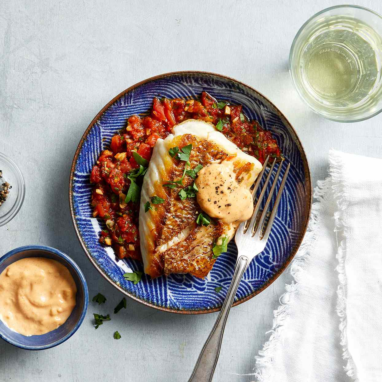 Pan-Seared Snapper with Red Pepper Relish & Garlic Mayo