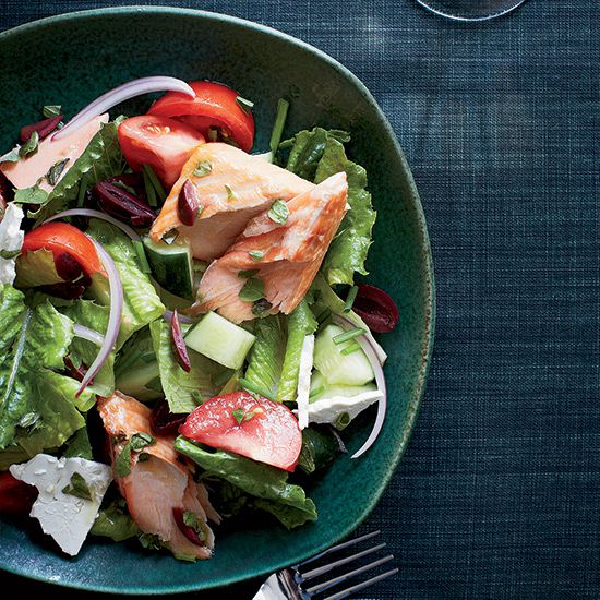 Greek Salad with Oregano-Roasted Salmon