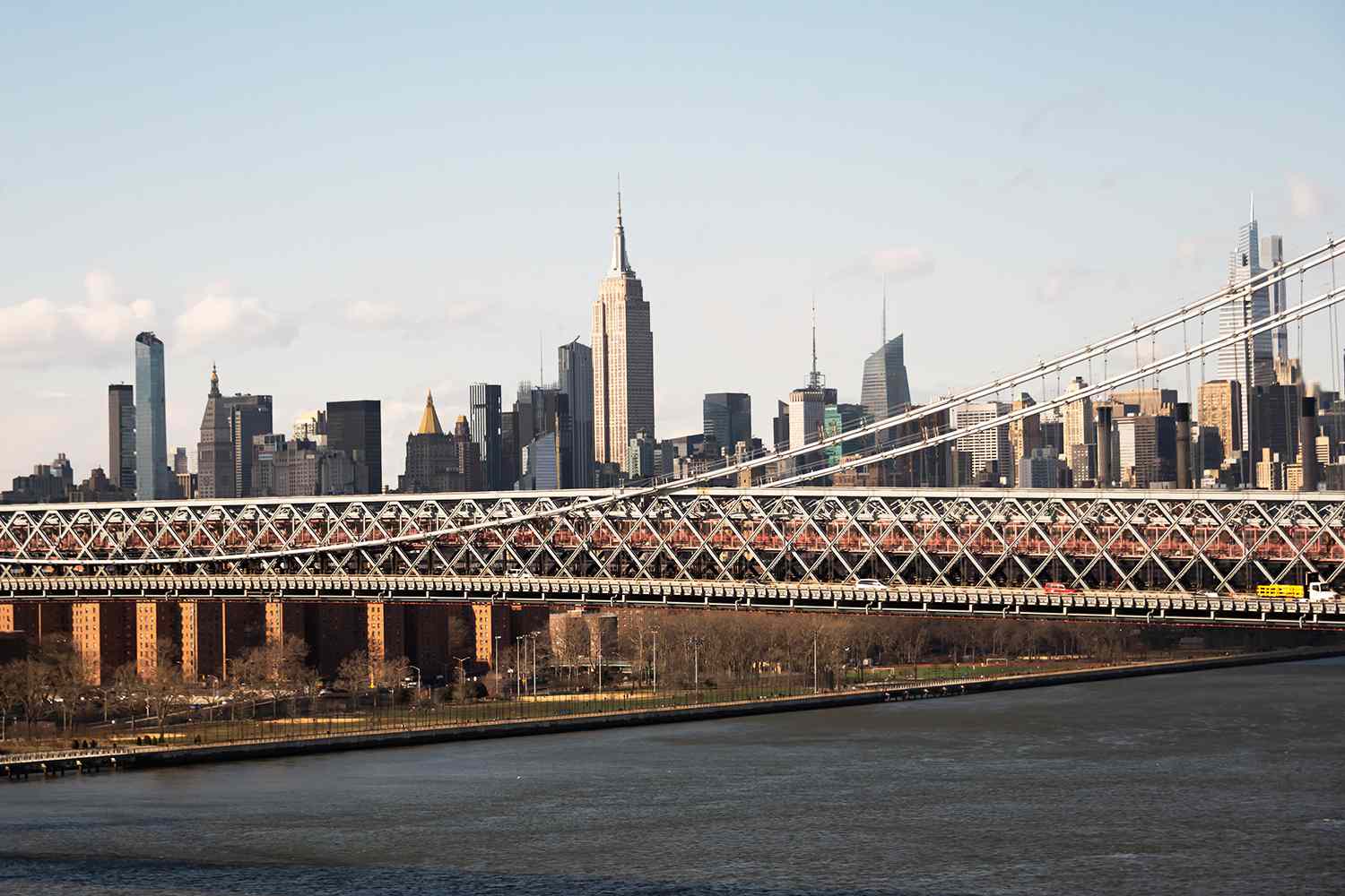 A view of Williamsburg Bridge and Midtown NYC on March 14, 2021 in New York City.