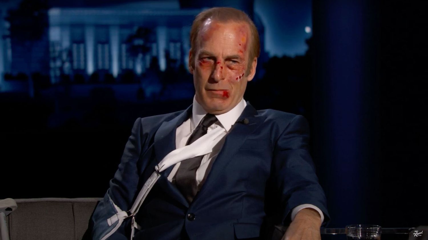 Bob Odenkirk Arrives All Bruised Up as His Nobody Character on Jimmy Kimmel Live! - PEOPLE
